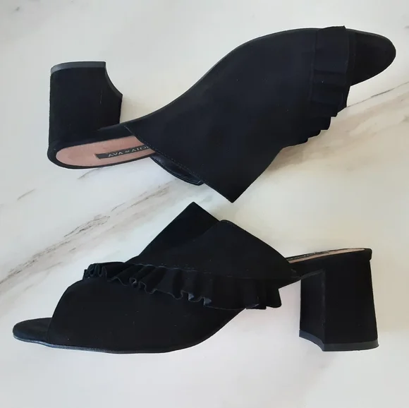 AVA & AIDEN Black Suede Ruffle Block Heel Open Toe Sandal Sz. 9 - Picture 3 of 12